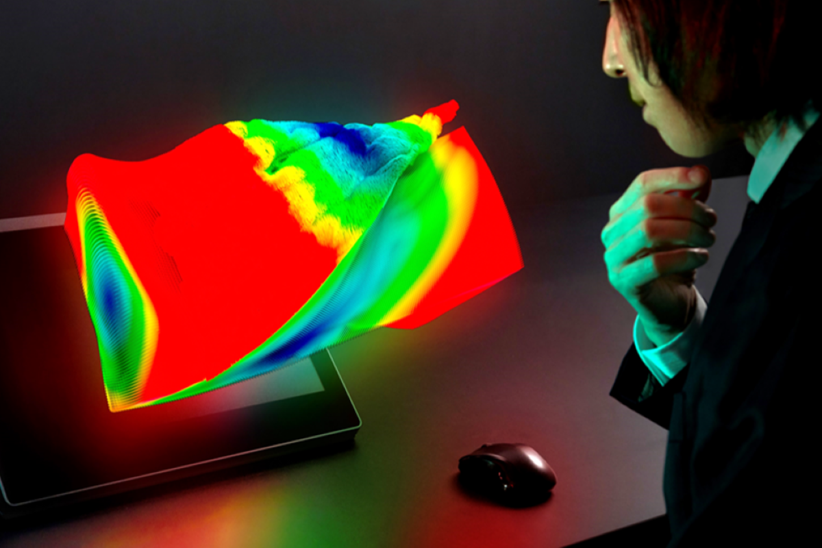 person looking at Shiseido skin model